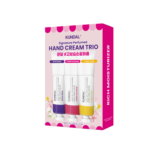 KUNDAL Signature Perfumed Hand Cream Trio 50ml (White Musk, Cherry Blossom, Ylang Ylang)